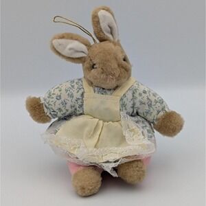 VTG Toy-O-Rama Plush Bunny Rabbit Ornament Floral Dress Lace Trim 6"